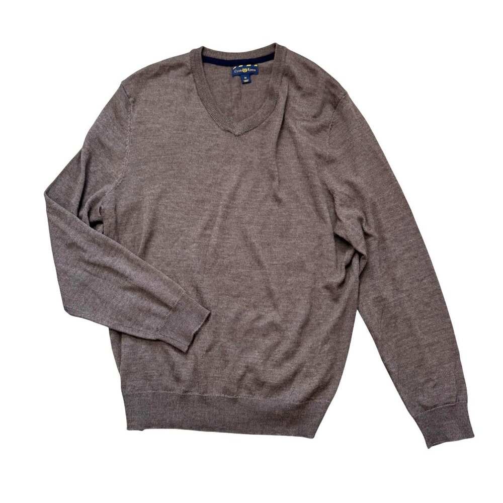 Club Room Men's Sweater Sz M Brown Merino Wool Blend V-Neck Pullover Fall Winter